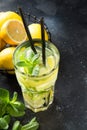 Mojito cocktail or lemonade with lime and mint in highball glass on black. Summer drink Royalty Free Stock Photo