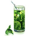 Mojito cocktail with lime and green mint in glass or iced tea isolated, hand drawn watercolor illustration on white Royalty Free Stock Photo