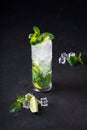 Mojito cocktail with lime, ice cubes and mint in highball glass on black background with copy space. Selective Focus Royalty Free Stock Photo