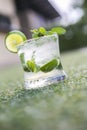 Mojito cocktail lime juice with soda and water served in a glass decorated with sliced lime and mint leaves Royalty Free Stock Photo