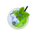 Mojito cocktail with lime, mint, blueberry and ice top view. Cold alcoholic or non-alcoholic long drink. Vector illustration on Royalty Free Stock Photo