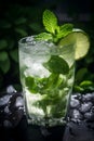 Mojito cocktail with lime and mint in glass on a black table over dark background. Cool refreshment drink close-up. Summer Royalty Free Stock Photo