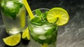 Mojito cocktail with lime and mint in glass on a grey stone background. Copy space Royalty Free Stock Photo