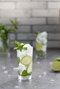 Mojito cocktail with lime and mint in glass. Mojito cocktail on dark stone table Royalty Free Stock Photo