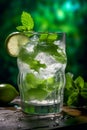 Mojito cocktail with lime and mint in glass on a table over green nature background. Refreshing drink close-up. Summer beverage Royalty Free Stock Photo