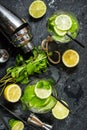Mojito cocktail with lime and mint in highball glass on a stone table. Drink making tools and ingredients for cocktail Royalty Free Stock Photo
