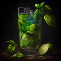 Mojito cocktail with lime, mint and ice on dark background