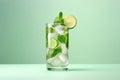 Mojito cocktail with lime, mint and ice on green background. Generative AI