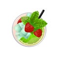 Mojito cocktail with lime, mint, strawberry and ice top view. Cold alcoholic or non-alcoholic long drink. Vector illustration on Royalty Free Stock Photo