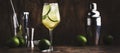 Mojito cocktail with lime and mint in wine glass on wooden background. Panoramic banner with copy space