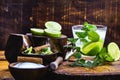 Mojito cocktail with lime, rum and mint in the tall glass on a rustic wooden table. Summer drink made in Havana Royalty Free Stock Photo