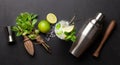 Mojito cocktail making. Ingredients and drink utensils Royalty Free Stock Photo