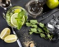 Mojito cocktail making. Ingredients and utensils. Royalty Free Stock Photo