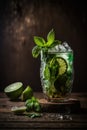 Mojito cocktail with mint ice and lime. Nice dark background.