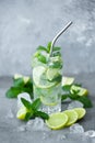 mojito cocktail with mint, lime and ice in a tall glass Royalty Free Stock Photo