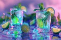 Mojito Cocktail on Neon Background, Mint Tropical Mocktail, Fresh Beach Party Coctail