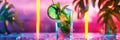 Mojito Cocktail on Neon Background, Mint Tropical Mocktail, Fresh Beach Party Coctail