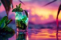 Mojito Cocktail on Neon Background, Mint Tropical Mocktail, Fresh Beach Party Coctail