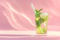 Mojito Cocktail on Pink Background, Mint Tropical Mocktail, Fresh Beach Party Coctail, Summer Drink