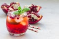 Mojito cocktail with pomegranate, mint, lemon juice and ice in a glass, horizontal, copy space