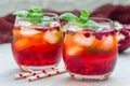 Mojito cocktail with pomegranate, mint, lemon juice and ice, horizontal