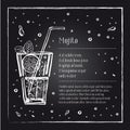 Mojito cocktail recipe description with ingredients. Vector sketch outline hand drawn illustration Royalty Free Stock Photo