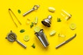 Mojito cocktail set with bar tools and utensils with lime and mint, flat lay Royalty Free Stock Photo