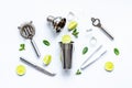 Mojito cocktail set with bar tools and utensils with lime and mint, flat lay Royalty Free Stock Photo