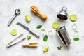 Mojito cocktail set with bar tools and utensils with lime and mint, flat lay Royalty Free Stock Photo