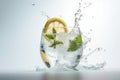 Mojito cocktail splashing into glass with lemon and mint on white background, Generative AI