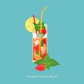 Mojito cocktail with strawberry, lime and mint on blue background. Vector fruit illustration