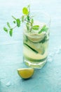 Mojito cocktail. Summer cold drink with lime, fresh mint, and ice. Cool beverage Royalty Free Stock Photo