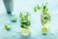 Mojito cocktail. Summer cold drink with lime, fresh mint, and ice. Cool beverage Royalty Free Stock Photo