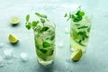 Mojito cocktail. Summer cold drink with lime, fresh mint, and ice. Cool beverage Royalty Free Stock Photo