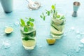 Mojito cocktail. Summer cold drink with lime, fresh mint, and ice. Cool beverage Royalty Free Stock Photo