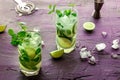 Mojito cocktail. Summer cold drink with lime, fresh mint, and ice. Cool beverage Royalty Free Stock Photo