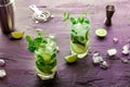 Mojito cocktail. Summer cold drink with lime, fresh mint, and ice. Cool beverage Royalty Free Stock Photo