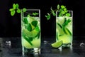 Mojito cocktail. Summer cold drink with lime, fresh mint, and ice. Cool beverage Royalty Free Stock Photo