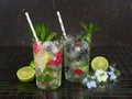 Mojito cocktails with mint sprigs and fresh berries