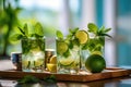 Mojito cocktails on the wooden table at sunny kitchen, Generative AI