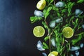 Mojito coctail ingredients with fresh mint leaves and lime slices on a black background Royalty Free Stock Photo