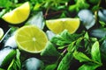 Mojito coctail ingredients with fresh mint leaves and lime slices on a black background Royalty Free Stock Photo