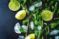 Mojito coctail ingredients with fresh mint leaves and lime slices on a black background Royalty Free Stock Photo