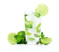 Mojito drink in dewy glass,cold water,ice cubes,mint and limes Royalty Free Stock Photo