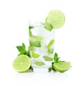 Mojito drink in dewy glass,cold water,ice cubes,mint and limes Royalty Free Stock Photo