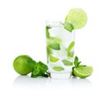 Mojito drink in dewy glass,cold water,ice cubes,mint and limes Royalty Free Stock Photo