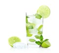 Mojito drink in dewy glass,cold water,ice cubes,mint and limes Royalty Free Stock Photo