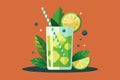 A mojito drink with lime slices and fresh green leaves surrounding it, Mojito Customizable Flat Illustration