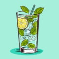 Mojito in a glass. Alcohol or non-alcoholic cocktail. Classic cocktail with lime, mint and ice. Vector Royalty Free Stock Photo