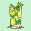 Mojito in a glass. Alcohol or non-alcoholic cocktail. Classic cocktail with lime, mint and ice. Vector Royalty Free Stock Photo